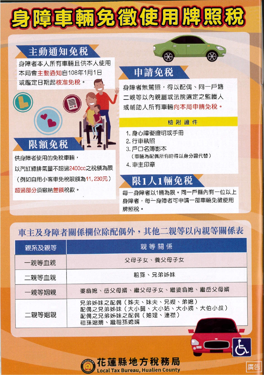 【稅務局擴大便民服務 主動通知身障者配偶或其同戶二親等親屬 申請車輛免牌照稅 】缩略图