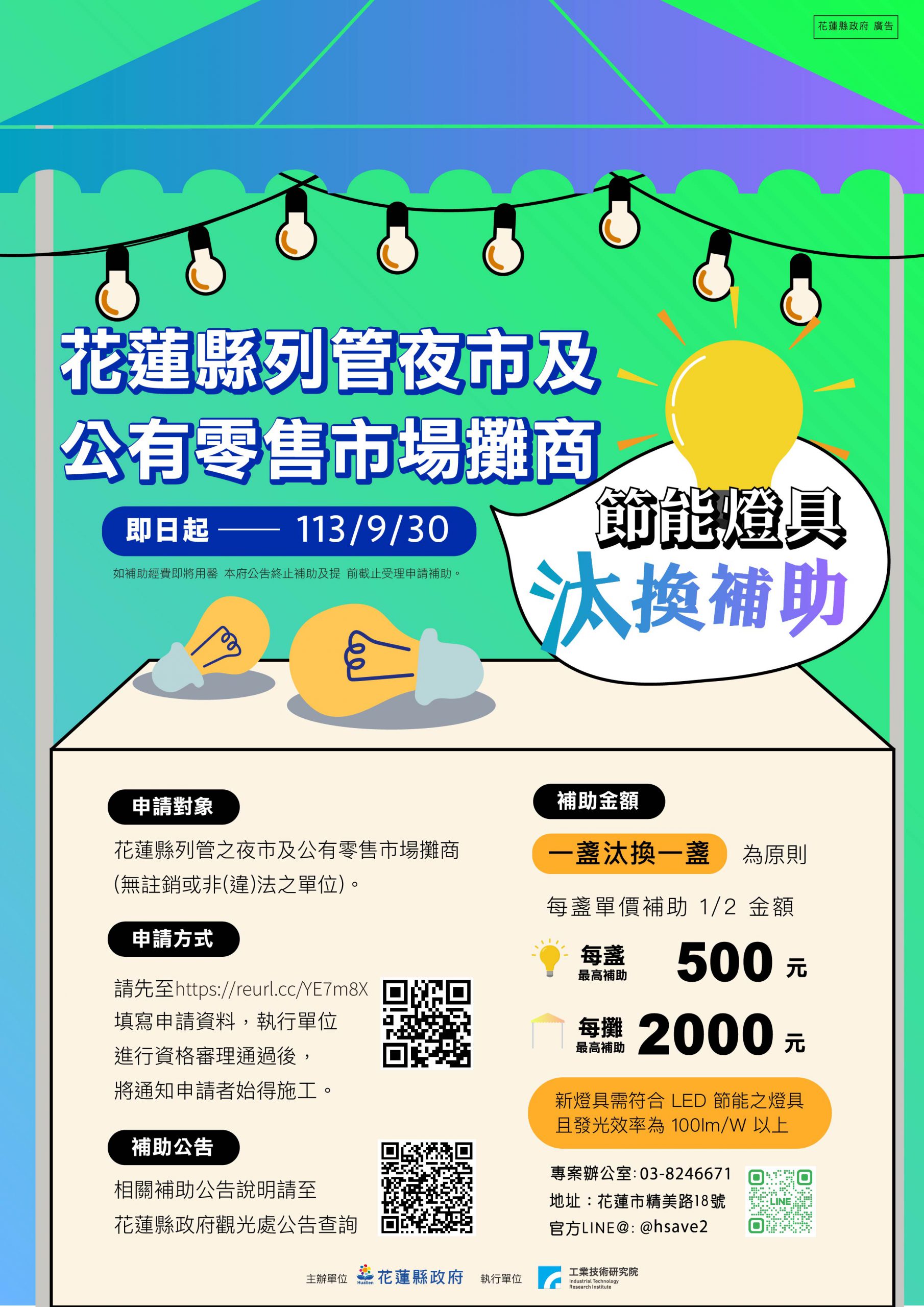 花蓮縣列管夜市及公有零售市場節能燈具汰舊換新起跑 每攤最高可補助2,000元缩略图