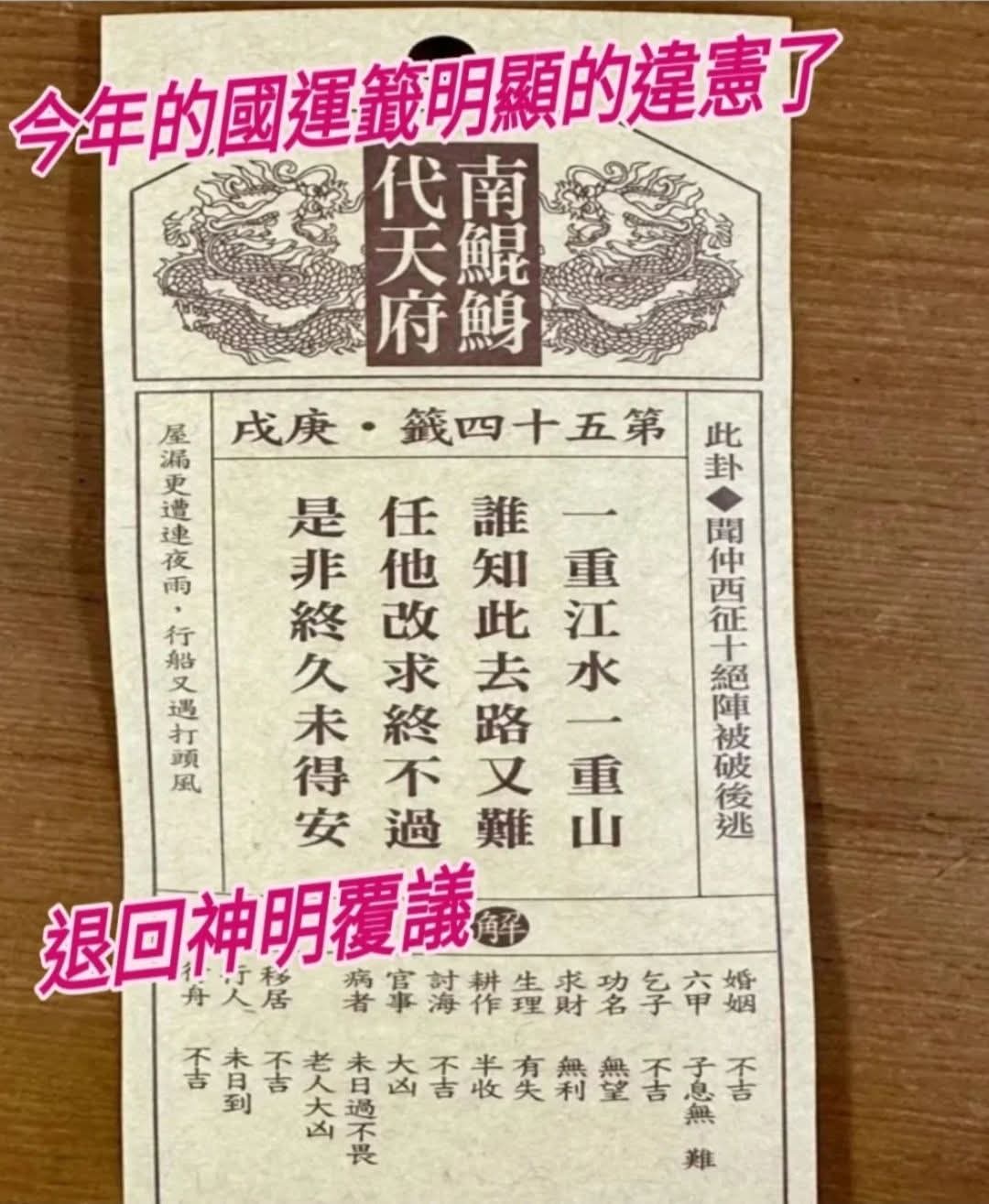 【北門南鯤鯓代天府抽籤 民眾：今年國運「庚戌」 預言經濟起伏明顯的違憲了 建議退回神明覆議】缩略图