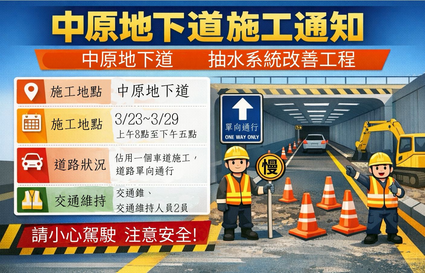 【中原地下道抽水系統改善工程半半施工 用路人請配合交管】缩略图