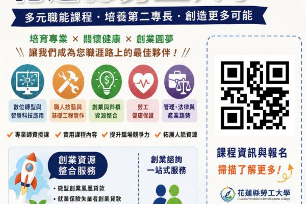 【集萬眾期待！縣府傾聽民意量身打造花蓮縣勞工大學 規劃5大類、16系列、共100場次免費實務課程 熱烈報名中】缩略图