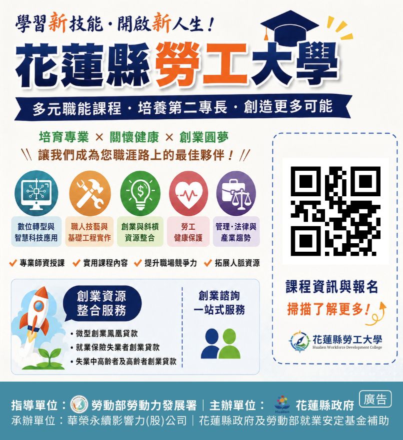 【集萬眾期待！縣府傾聽民意量身打造花蓮縣勞工大學 規劃5大類、16系列、共100場次免費實務課程 熱烈報名中】缩略图