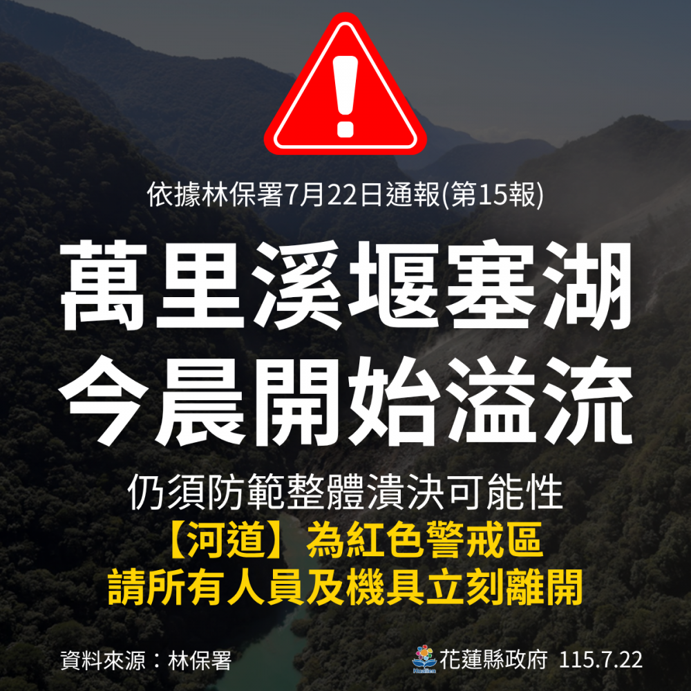 萬里溪堰塞湖已開始溢流 「河道部分」為紅色警戒缩略图